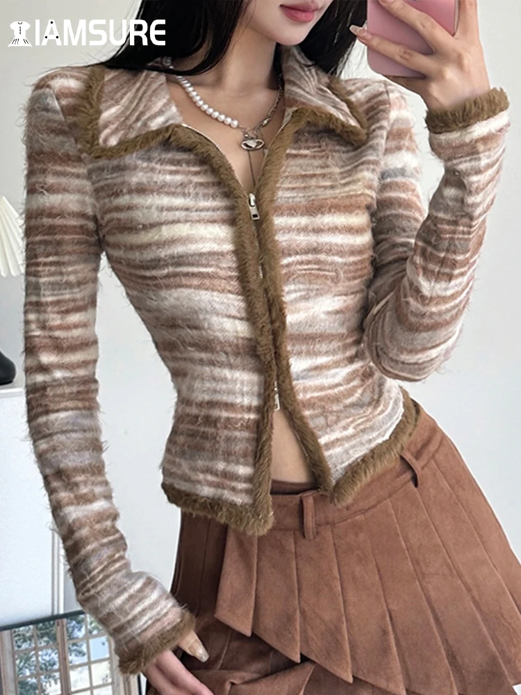 

IAMSURE Casual Furry Striped Knitted Cardigans Slim Zipper Turn-Down Collar Long Sleeve Sweaters Women 2023 Autumn Winter Lady
