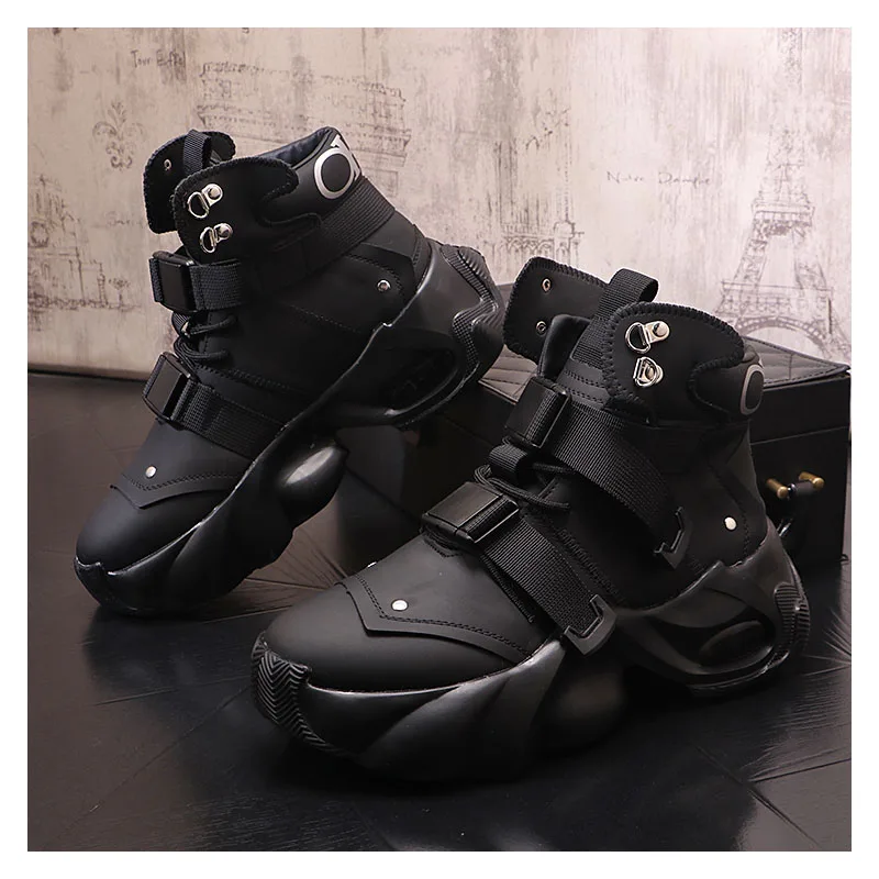 

big size men's casual original leather boots black white silver platform shoes stage nightclub chunky boot handsome ankle botas