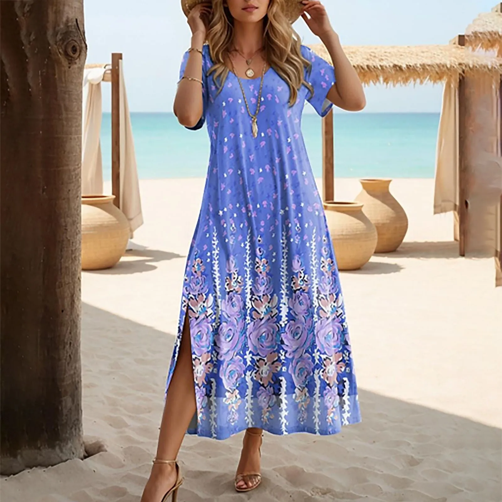 

Summer Women's Dress Bohemian Sundress Fashion Vintage Printed Round Neck Split Hem Loose Casual Short Sleeve Beach Long Dresses