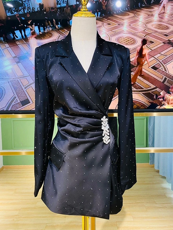 

Heavy Industry Satin Rhinestone Pleated Slim Dress High Sense Elegant Graceful V-neck Buckle Suit Dress for Women Spring Autumn