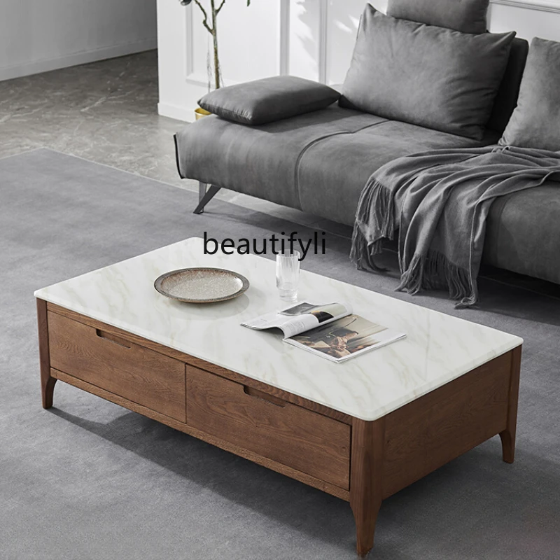 

Solid Wood Marble Coffee Table TV Cabinet Combination Nordic Small Apartment Living Room Stone Plate