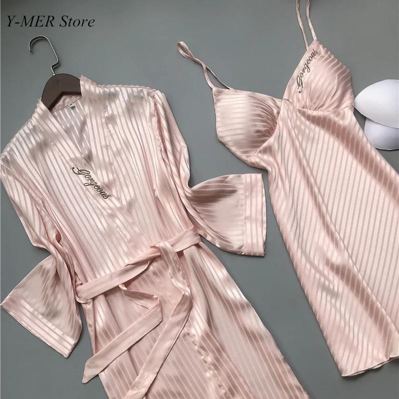

Женский атласный комплект из двух предметов, розовая ночная рубашка в полоску и халат, сексуальная Женская сорочка, ночная рубашка, весна-лето