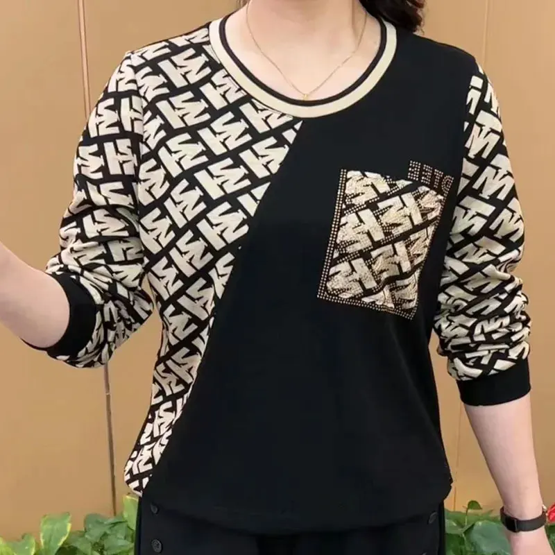 

Spring Autumn Casual Round Neck Shirt Vintage Printed Spliced Asymmetrical Female Clothing Commute Fashion Diamonds Loose Blouse