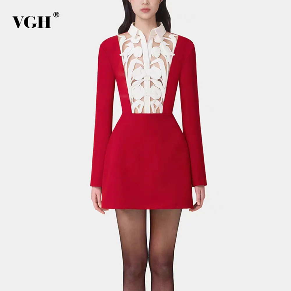 

VGH Hit Color Hollow Out Elegant Dresses For Women Lapel Long Sleeve High Waist Temperament Slimming Mini Dress Female Fashion