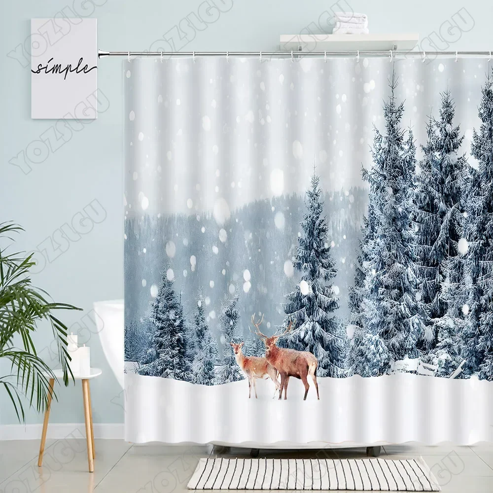 

Winter Landscape Shower Curtain Elk Deer Cedar Snow Forest Nature Scenery Christmas Bath Curtains Fabric Bathroom Decoration Set
