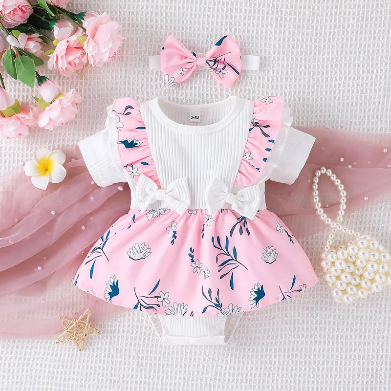 Cute Infant Baby Girls Romper Set Summer Casual Short Sleeve Crew Neck Leaves Print A-line Dress with Bowknot Headband 2pcs Suit
Cute Infant Baby Girls Romper Set Summer Casual Short Sleeve Crew Neck Leaves Print A-line Dress with Bowknot Headband 2pcs Suit