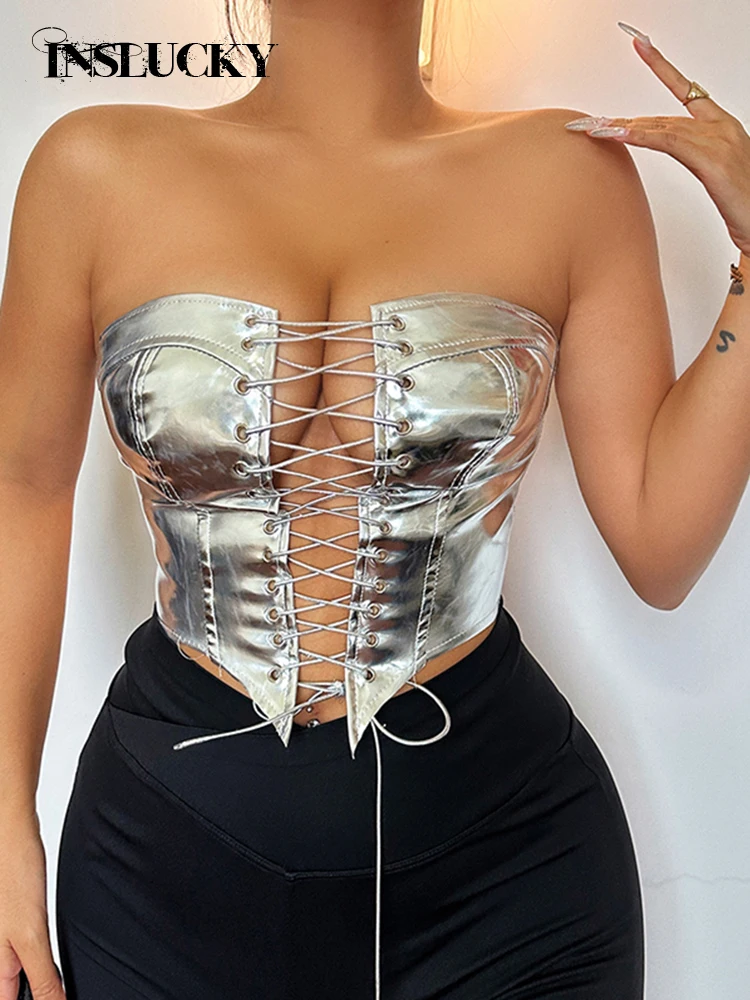 InsLucky Sexy Gold Silver Corset Strapless Bandage Tube Tops Women Babes Hollow Out Crop Vest Bright Leather Tank Fashion Female
InsLucky Sexy Gold Silver Corset Strapless Bandage Tube Tops Women Babes Hollow Out Crop Vest Bright Leather Tank Fashion Female