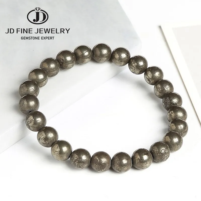 

JD Natural Pyrite Bead Bracelets Women Men Vintage Charm Round Stone Energy Healing Strand Bangles Yoga Balance Wrist Jewelry