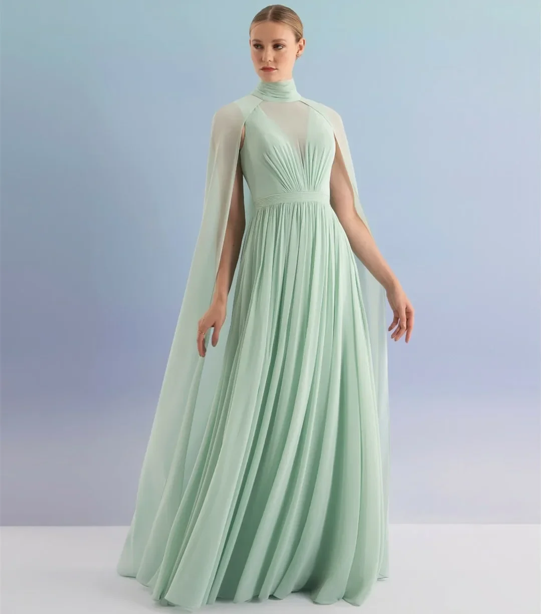 Sage Green Long High Neck Green Evening Dresses With Cape A-Line Chiffon Pleated Ruch Floor Length Abendkleider Robes de Soirée
Sage Green Long High Neck Green Evening Dresses With Cape A-Line Chiffon Pleated Ruch Floor Length Abendkleider Robes de Soirée