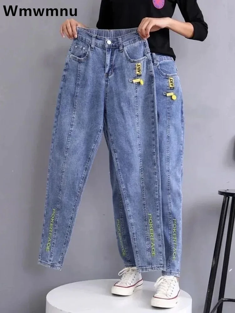 

Baggy Hight Waist Harem Jeans Woman Korean Vintage Stretch Denim Pants Letter Embroidery Casual Ankle Length Kot Pantolon