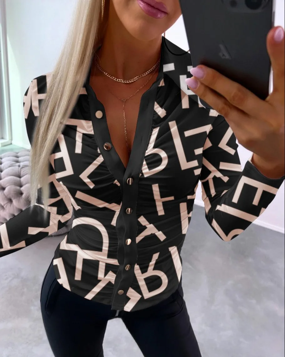 Office Lady Geomrtric Print Satin Shirt Lapel Neck Long Sleeve Slim Fit Shirts Casual Women Elegant Chic Blouse Top Traf Mujer
Office Lady Geomrtric Print Satin Shirt Lapel Neck Long Sleeve Slim Fit Shirts Casual Women Elegant Chic Blouse Top Traf Mujer
