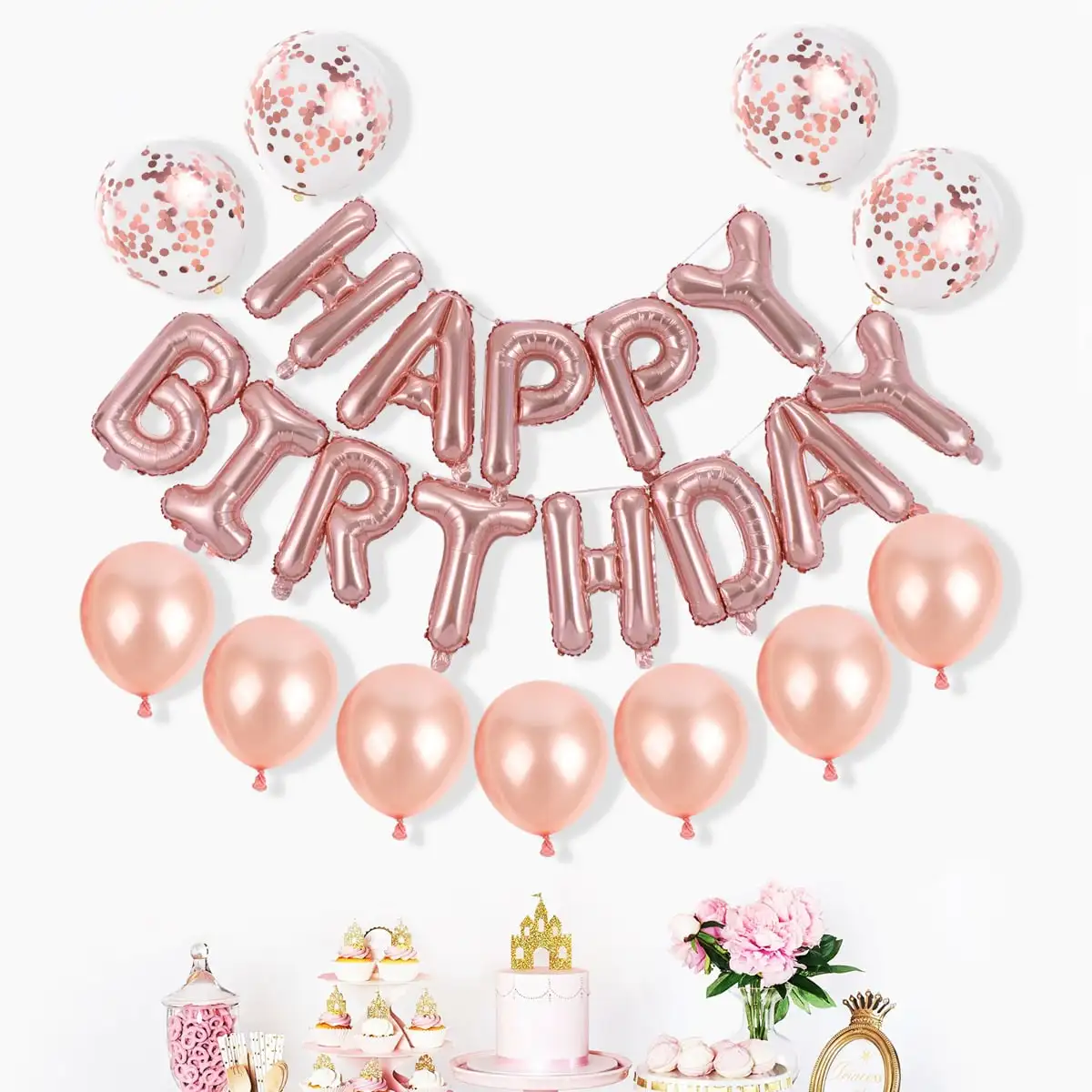 

13pcs/1set Rose Gold Happy Birthday Banner Foil Balloon Set With 12inch Rose Gold Confetti Latex Globos Adult Child Party Decors