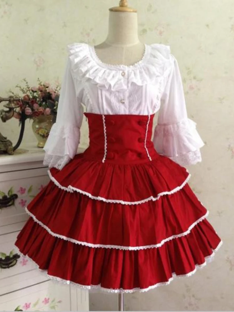 

Rococo Lolita SK Skirt Two Tone Ruffles Layered Ribbons Pleated Red Lolita Dresses