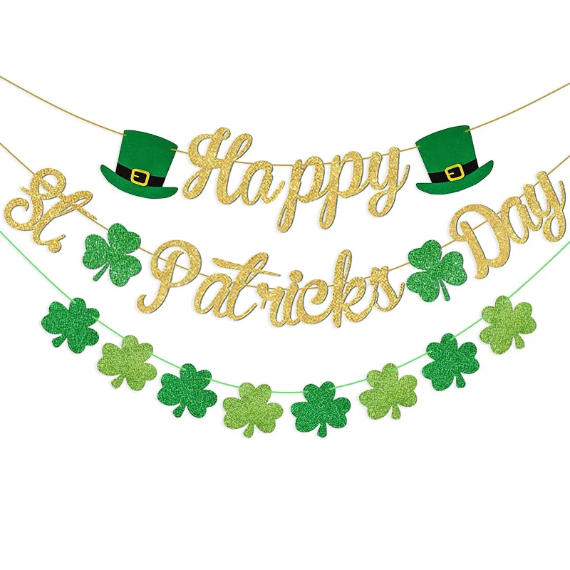 

Happy St. Patrick’s Day Banner Gold Glitter and St Patricks Day Garland Saint Patricks Day Shamrock Clover Garland Decorations