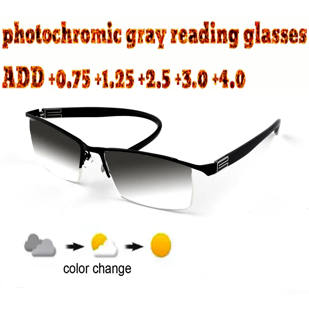 

Business Men's Halfrim Photochromic Gray Reading Glasses Comfortable Alloy High Quality +1.0 +1.5 +1.75 +2.0 +2.5 +3 +3.5 +4