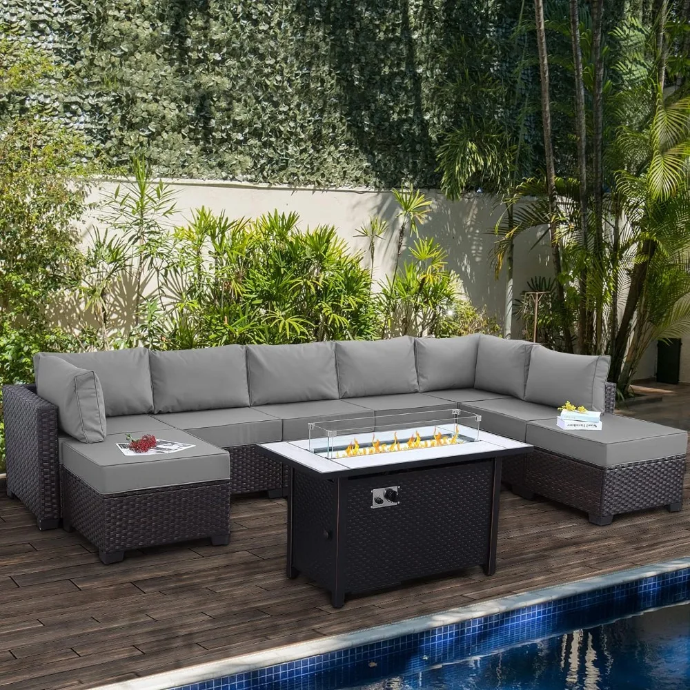 Furniture Set, 9 Pieces Outdoor PE Rattan Sectional Conversation with Grey Cushions and 45” Gas Fire Pit Table, Furniture Sets
Furniture Set, 9 Pieces Outdoor PE Rattan Sectional Conversation with Grey Cushions and 45” Gas Fire Pit Table, Furniture Sets