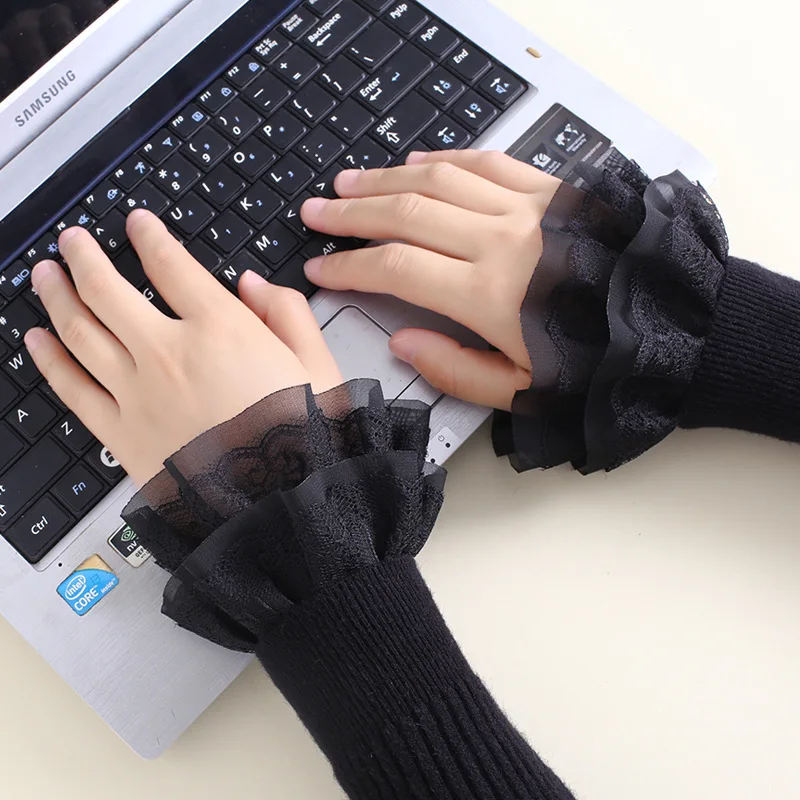 

1 Pair Women Detachable Sleeves Chiffon Double Layers Fake Sleeves Lace Floral Pleated Ruffled False Cuffs Female Wrist Warmers
