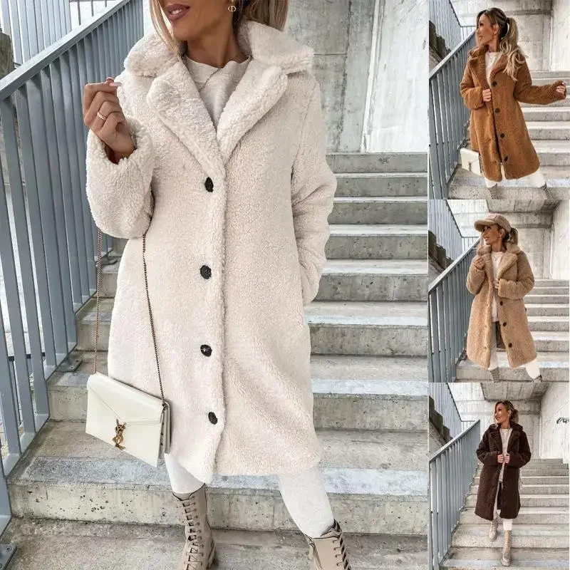 

Faux Wool Blends Women Warm Coat 2023 Winter Single Breasted Outerwear Teddy Plush Overcoats Female Chic Solid Streetwear Coats