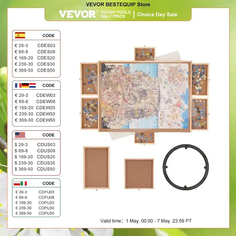 

VEVOR 1500 -2000 Piece Rotating Puzzle Board Wooden Jigsaw Puzzle Table with 6 Drawers and Cover for Adults and Kids