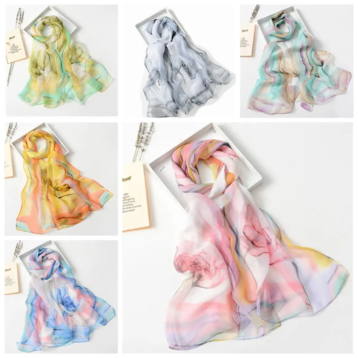 

18 pcs Fashion Spring/Summer Women Rainbow Printing Beach Silk Scarf Shawls Long Wraps Beach Sunscreen Hijab