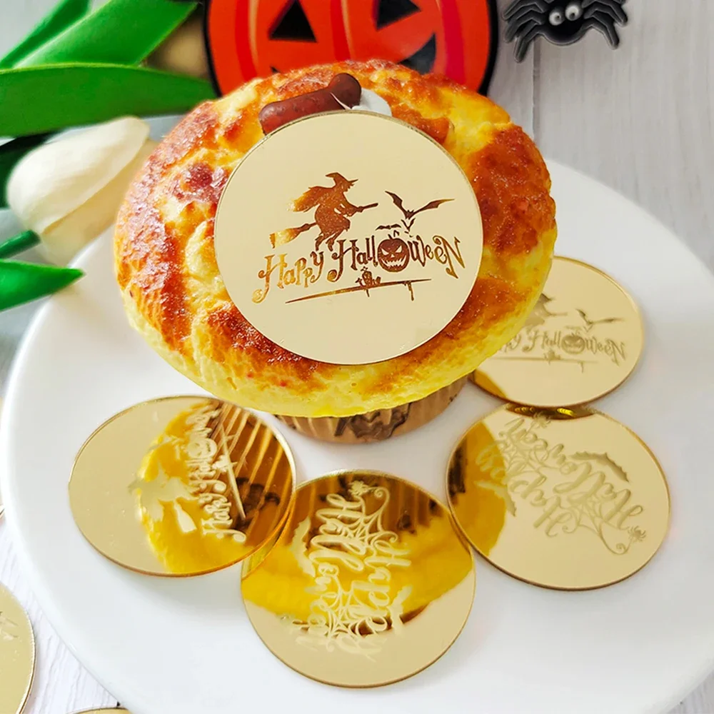 

10Pcs Halloween Cupcake Toppers Gold Round Cake Topper Halloween Cake Dessert Decoration Baking Tools Halloween Party Decoration