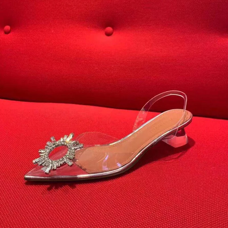 

Buy Amina Muaddi sandals women's transparent PVC sunflower flat niche mid-heel 4.5 temperament heels