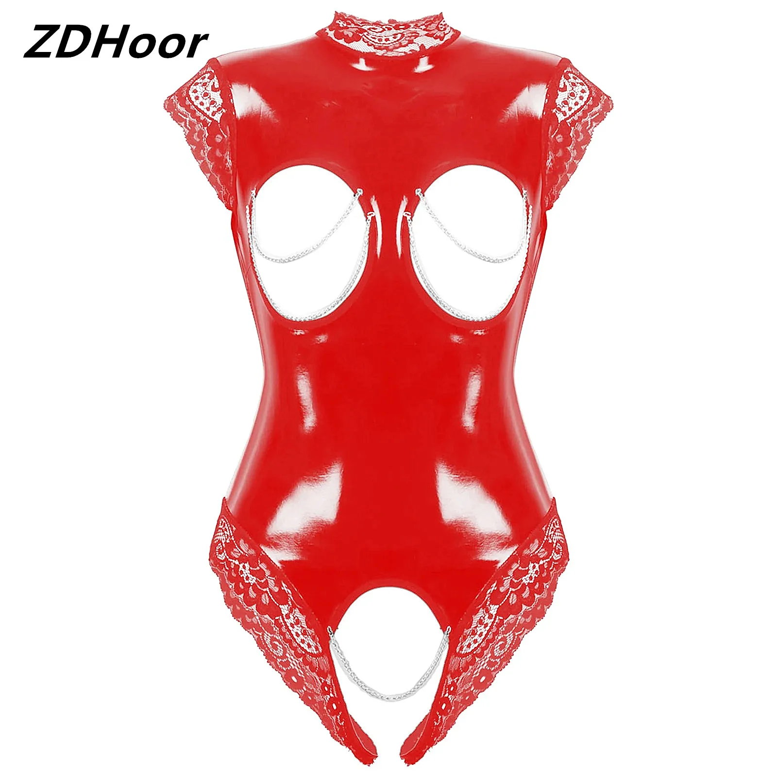 Womens One-piece Wet Look Patent Leather Bodysuit High Neck Sleeveless Open Breast Crotchless Lace Trimmed Leotard Nightwear
Womens One-piece Wet Look Patent Leather Bodysuit High Neck Sleeveless Open Breast Crotchless Lace Trimmed Leotard Nightwear