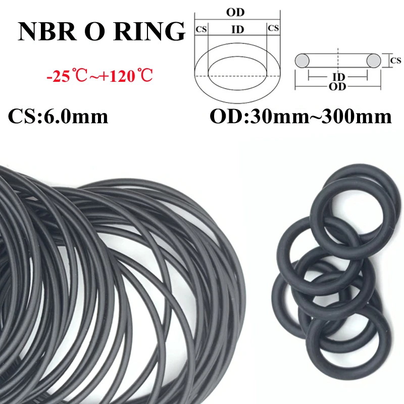 

10pcs Black O Ring Gasket CS 6mm OD 30mm ~ 200mm NBR Automobile Nitrile Rubber Round O Type Corrosion Oil Resistant Seal Washer