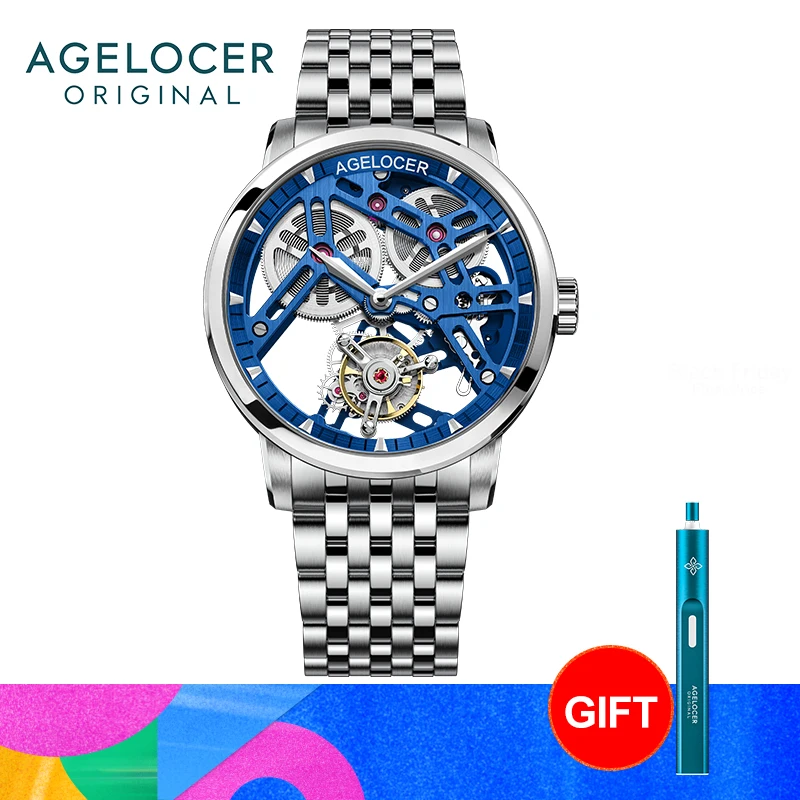 

AGELOCER Original Tourbillon Watch Steel Bracelet Men's Business Luxury Skeleton Manual Mechanical Watch Birthday Gift for Men