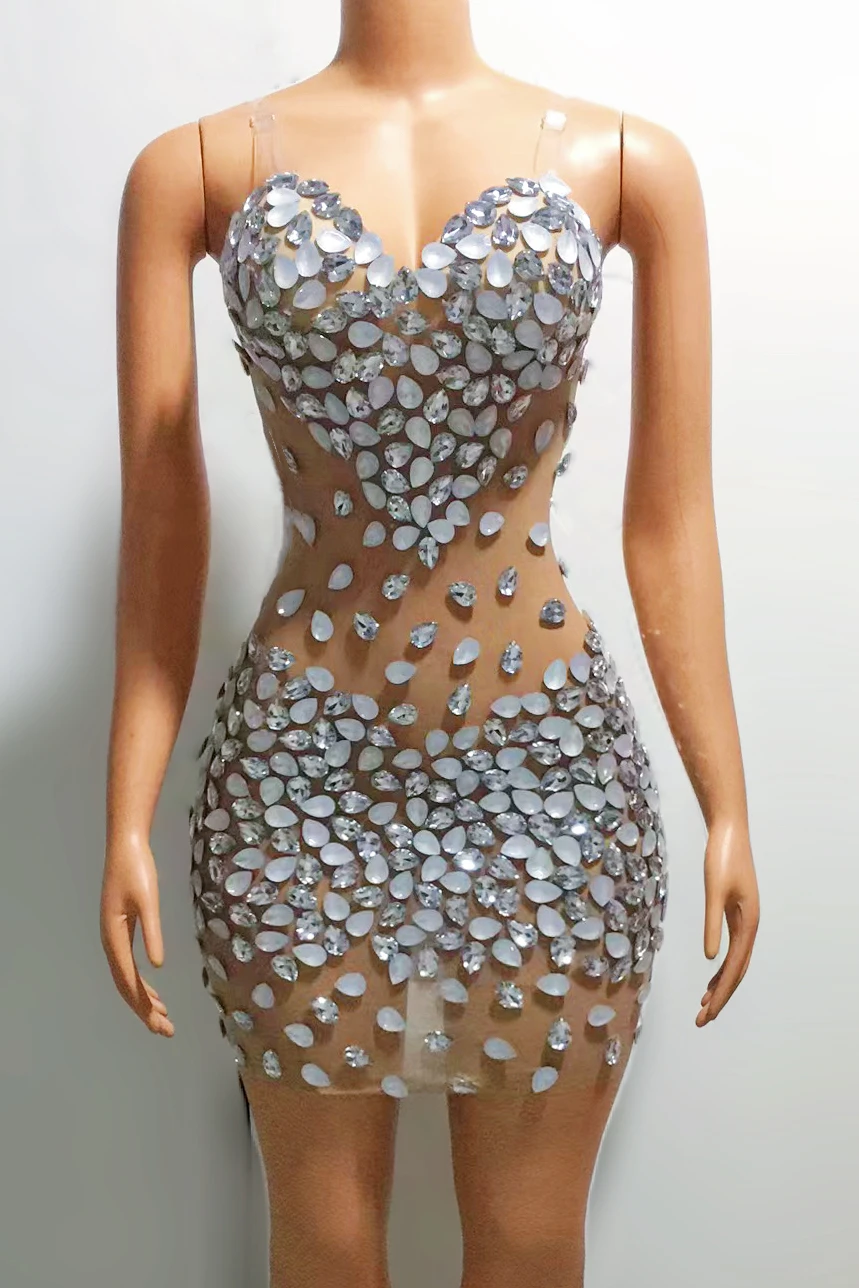 Transparent White Silver Stones Sleeveless MESH Dress Evening Birthday Celebrate Outfit Singer Dance Performance Costume
Transparent White Silver Stones Sleeveless MESH Dress Evening Birthday Celebrate Outfit Singer Dance Performance Costume