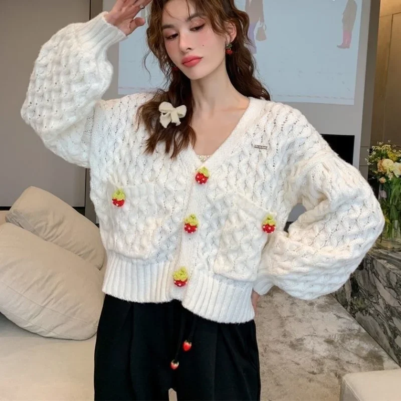 

DAYIFUN Strawberry Sweater Cardigans Women Sweet V-neck Decal Short Sweaters Autumn Winter 2024 New Jacquard Loose Knitted Coats