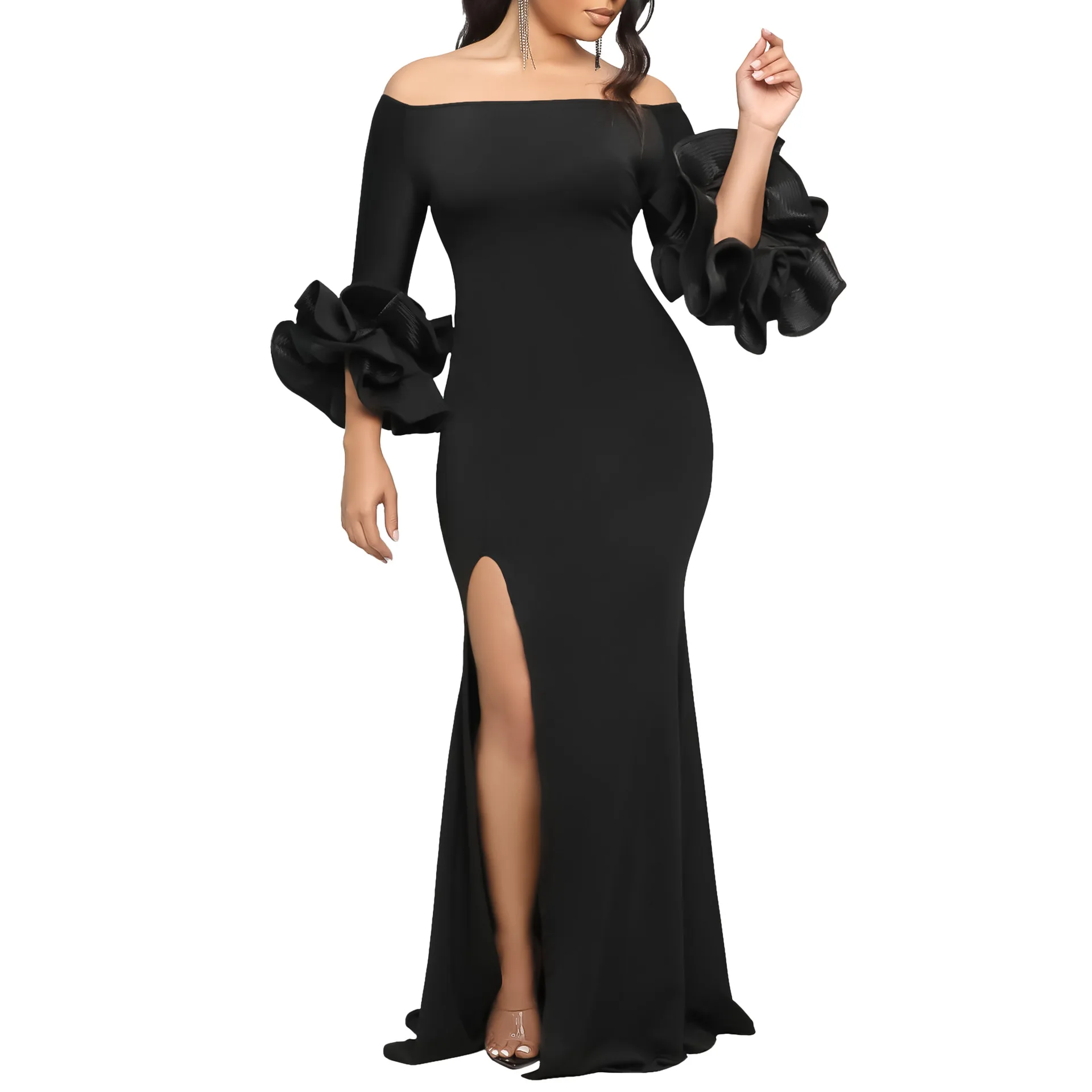 

Spring Sexy Off The Shoulder Split Evening Dress Women Fashion Solid Slash Neck Long Sleeve Floor Party Dress Wholesale