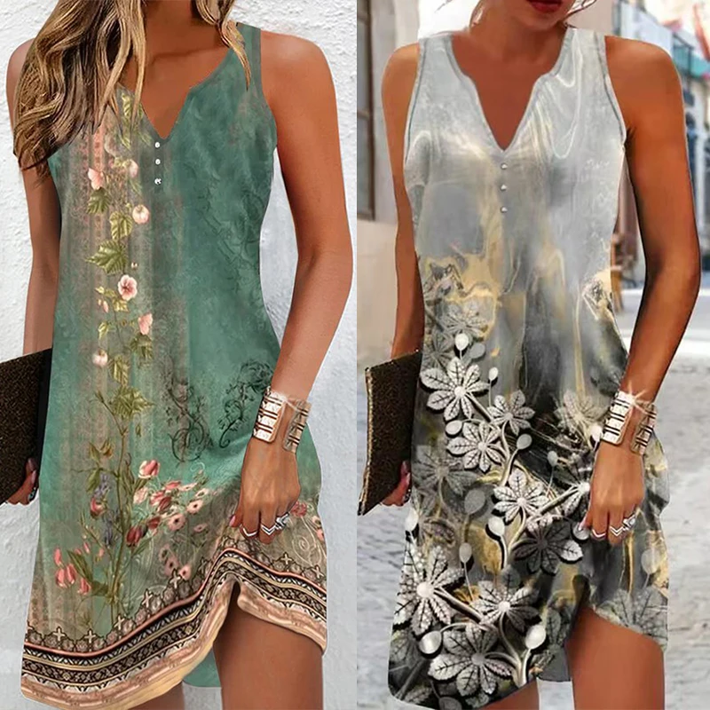 Casual Print Sleeveless Dress Slim Fit Button Strap V Neck Beach Summer Dresses Women Bohemian Party Retro Chic Elegant Vestidos 
Casual Print Sleeveless Dress Slim Fit Button Strap V Neck Beach Summer Dresses Women Bohemian Party Retro Chic Elegant Vestidos