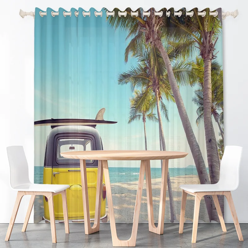 

3D Summer Ocean Beach Vacation Curtains Coconut Trees Ocean Waves Blue Sky White Clouds Thin Polyester Fabric Bedroom Decoration