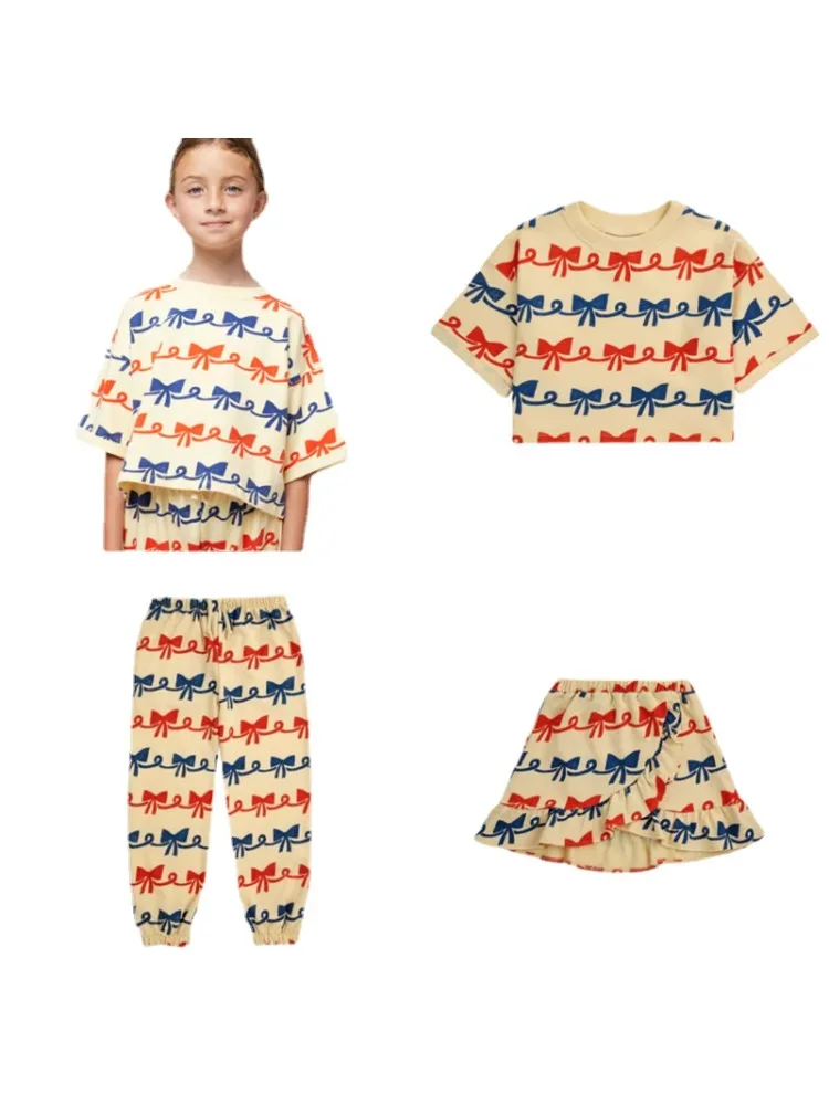

New Children's Set Girl Spring 2024 Thin New Product BC Series Bow Print Pants Short Sleeve Pullover Set