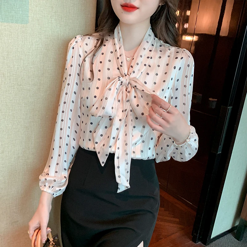 

Блузка женская шифоновая в горошек, Элегантная Модная шикарная Свободная рубашка с завязкой, V-образным вырезом, длинным рукавом, в офисном стиле, весна-осень