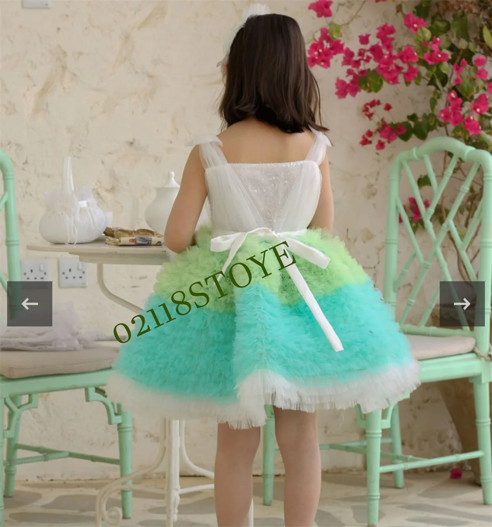 

Charming White Communion Dresses Girls Tutu Tiered Flower Girl Dresses Sleeveless Spaghetti Strap فساتين اطفال للعيد 2023 Summer