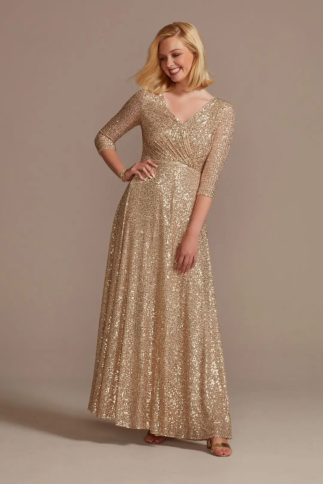 

free shipping gold champagne custom made three-quarter sleeves V-neckline allover sequin a-line gown mother of the bride dresses