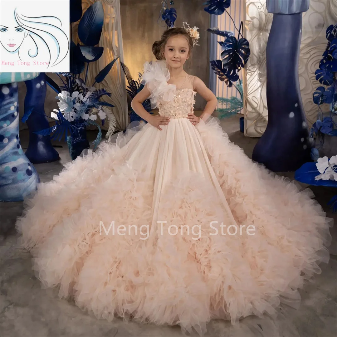 

Blush Pink Flower Girl Dress For Wedding Puffy Sequins Applique Tiered Sleeveless Kids Birthday Gowns Luxury Princess Dress