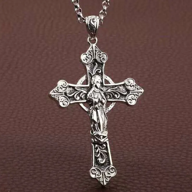 

S925 Sterling Silver Jewelry Virgin Mary Cross Necklace Pendant European and American men's and women's sweater chains with Thai