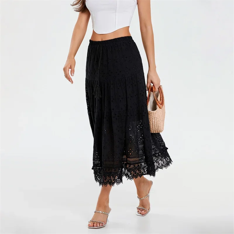 

Женская юбка с завышенной талией, длинная юбка в богемном стиле, элегантная кружевная юбка-трапеция, пляжная одежда, лето 2024