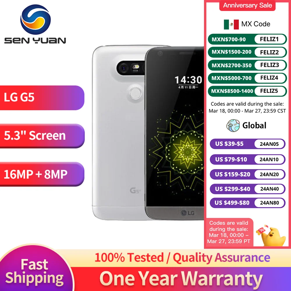 

Original Unlocked LG G5 H820 H850 Mobile Phone Quad-core 4GB RAM 32GB ROM 5.3" Touch Screen 16MP Camera 4G WIFI GPS G5 CellPhone