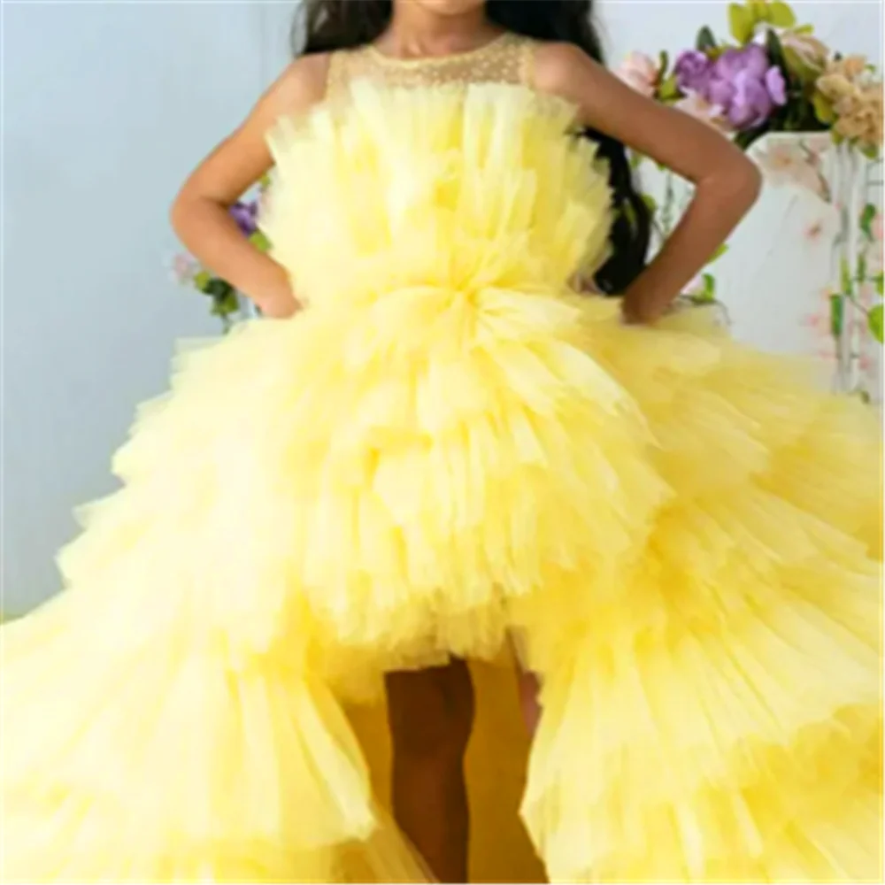 

Yellow Sleeveless Tulle Fluffy Layered Flower Girl Dress Princess Ball First Communion Dresses Kids Surprise Birthday Present