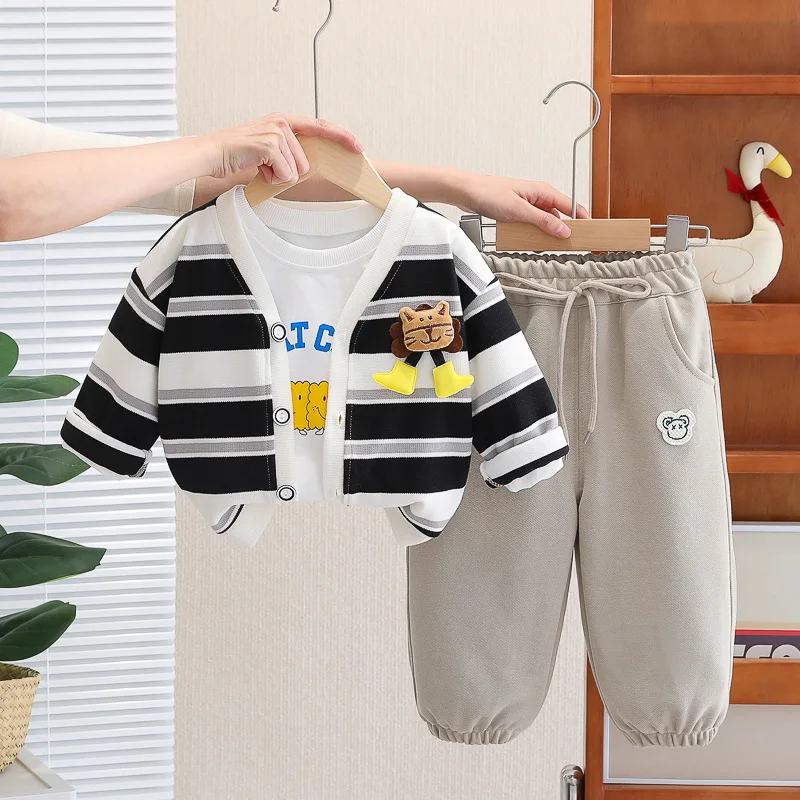 

Kids Baby Boy Boutique Clothes 2024 Spring Striped Lion Cardigan Coats + T-shirts + Pants Toddler Boys Outfits Children's Sets