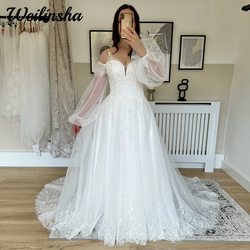 

Weilinsha A Line Detachable Sleeves Wedding Dress for Woman Modern Appliques Court Train Civil Bridal Gown with Zipper Back