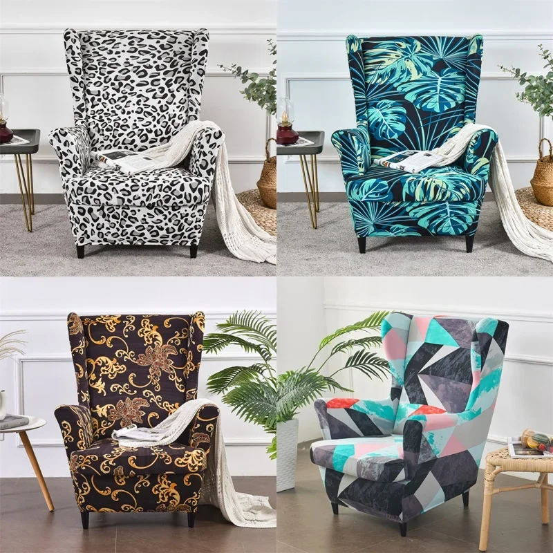 

Printed Elastic Wing Chair Cover Stretch Spandex Wingback Armchair Covers Removable Sofa Slipcovers with Seat Cushion Covers