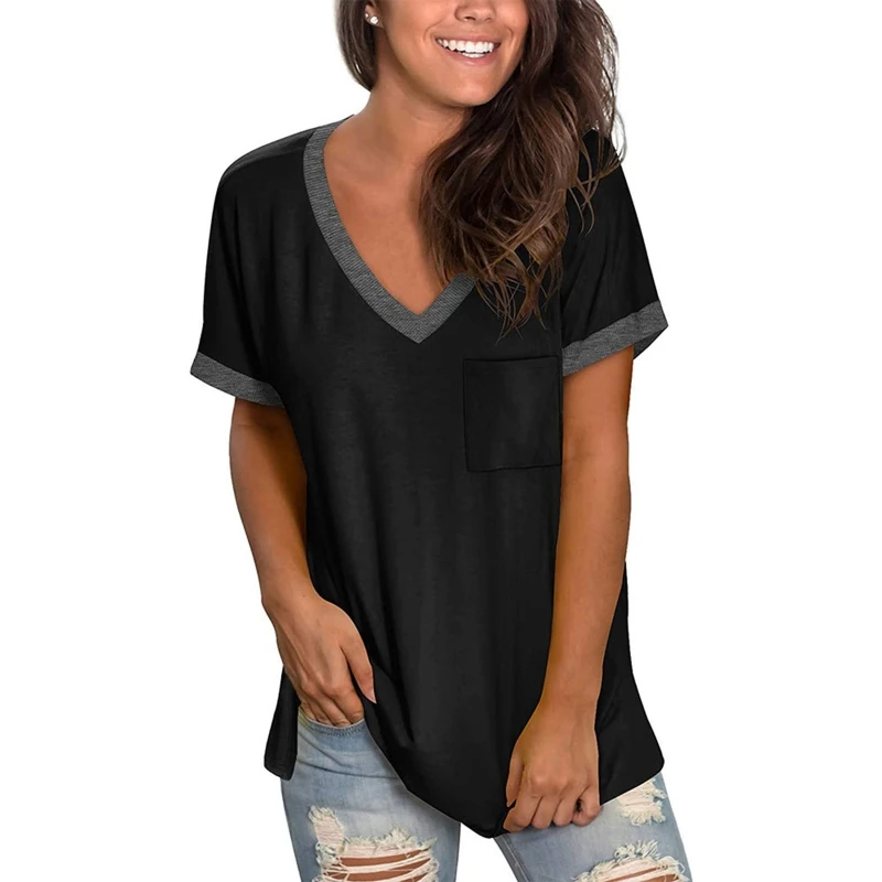 

Womens Summer Short Sleeve Ribbed V-Neck T-Shirts Contrast Color Trim Casual Loose Basic Pullover Tunic Top with Pocket