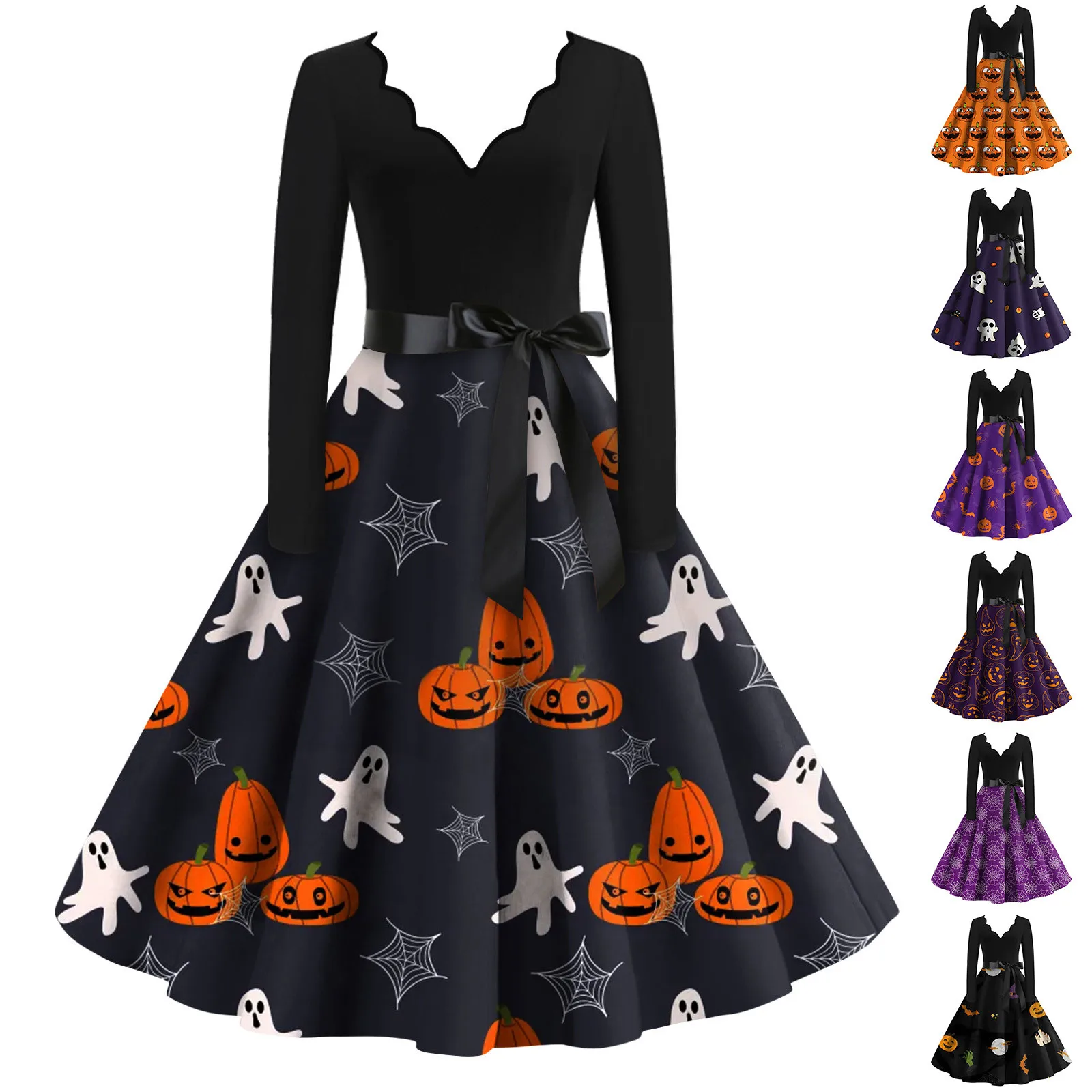 

Dresses For Women 2023 Vintage Sexy V Neck Waist Bow Tie Classic Vestidos Halloween Print Elegant Swing Dress Vestido Feminino