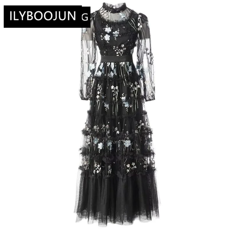 Summer Mesh Dress Women O-Neck Lantern Sleeve Flowers Embroidery Ruffle Black Vintage Long Dresses For Women 2023 Runway Luxury
Summer Mesh Dress Women O-Neck Lantern Sleeve Flowers Embroidery Ruffle Black Vintage Long Dresses For Women 2023 Runway Luxury
