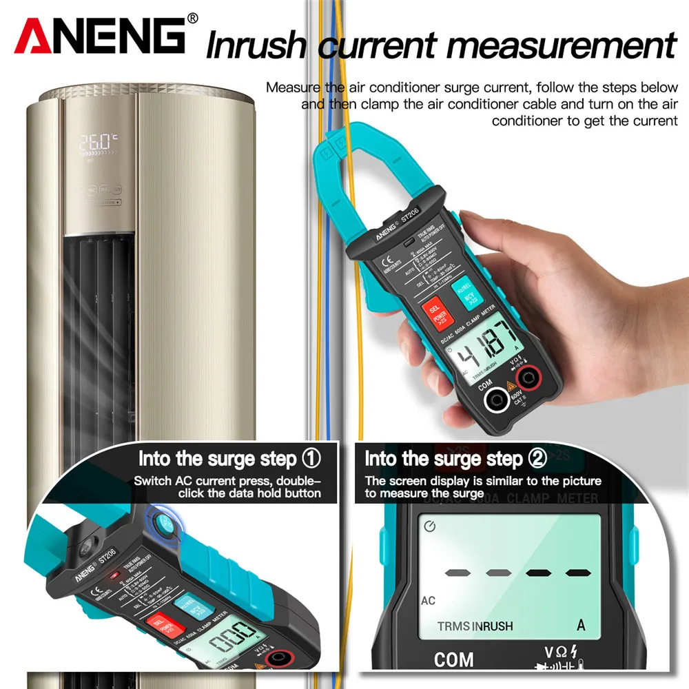 ANENG ST206 Digital Multimeter Clamps Meter 6000 Counts True RMS Amp DC/AC Current Clamp Measure Dc Amperimetro Tester Voltmeter
ANENG ST206 Digital Multimeter Clamps Meter 6000 Counts True RMS Amp DC/AC Current Clamp Measure Dc Amperimetro Tester Voltmeter